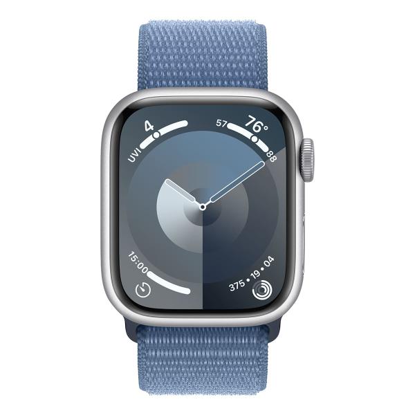 Apple Watch Series 9, 41 мм корпус из алюминия цвета «Silver», ремешок Sport Loop цвета «Winter Blue»