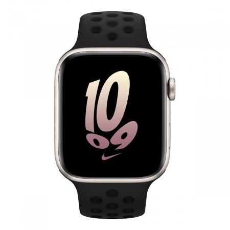 Apple Watch Nike SE (2022), 44 мм корпус из алюминия цвета «Starlight», ремешок Nike Sport Band размера S/M цвета «Black/Black»