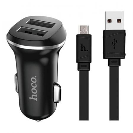 Автомобильное зарядное устройство hoco. 2 USB с USB кабелем Lightning (Z1) Черный
