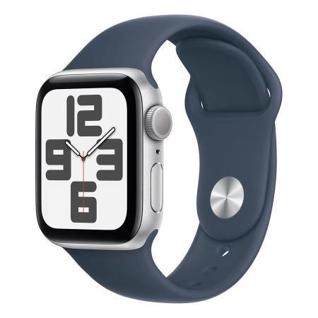 Apple Watch SE (2023), 40 мм корпус из алюминия цвета «Silver», ремешок Sport Band размера S/M цвета «Storm Blue»