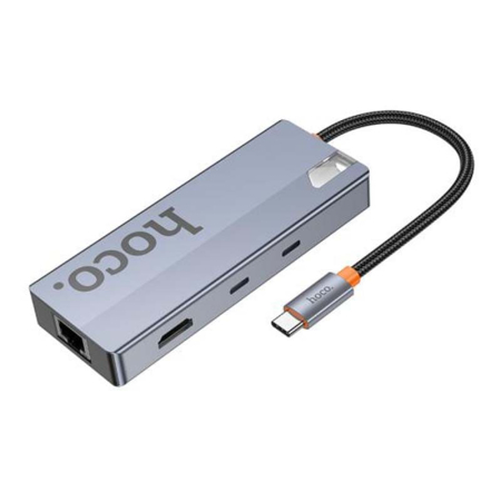 Хаб hoco. 8в1 (HDTV+RJ45+SD/TF+PD+Type-C3.0+USB3.0*2) (HB52) Темно-серый