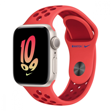 Apple Watch Nike SE (2022), 40 мм корпус из алюминия цвета «Starlight», ремешок Nike Sport Band размера M/L цвета «Bright Crimson/Gym Red»