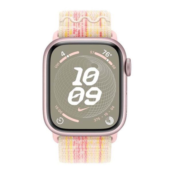 Apple Watch Series 9, 41 мм корпус из алюминия цвета «Pink», ремешок Nike Sport Loop цвета «Starlight/Pink»