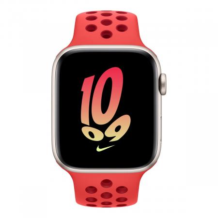 Apple Watch Nike SE (2022), 44 мм корпус из алюминия цвета «Starlight», ремешок Nike Sport Band размера S/M цвета «Bright Crimson/Gym Red»